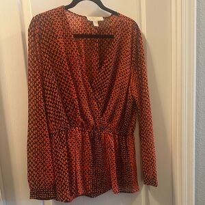 Michael Kors Red and Black Patterned Wrap Blouse